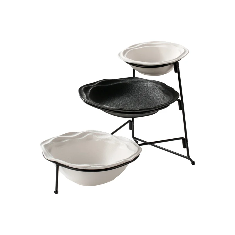 Shallow Shallow 3-Tier Porcelain Bowl Set with Stand – 15cm, 21cm & 22cm Taqdeem Set-Food Tower for Home & Majlis - Black & White Mawaheen for Salads, Dips & Coffee Station Hosting